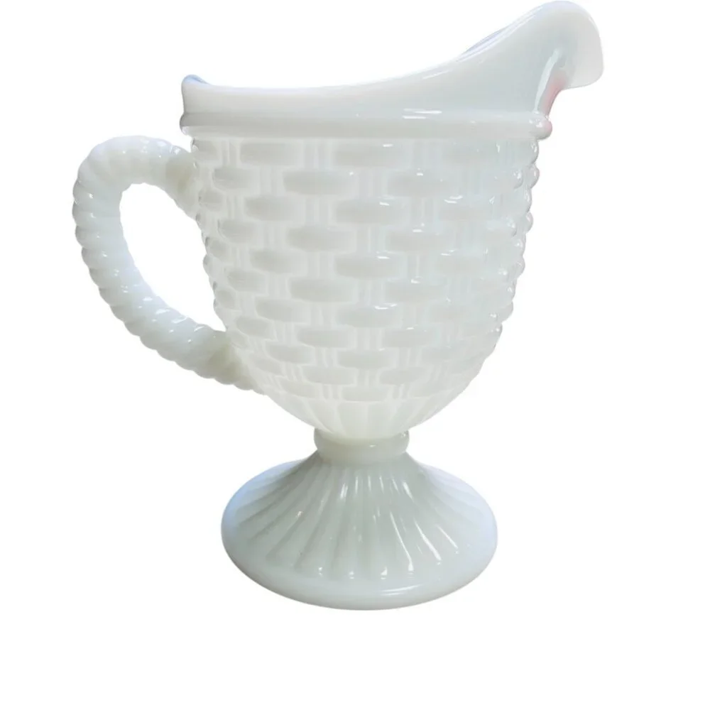 Vintage Imperial White Milk Glass Basket Weave Footed Creamer Pitcher